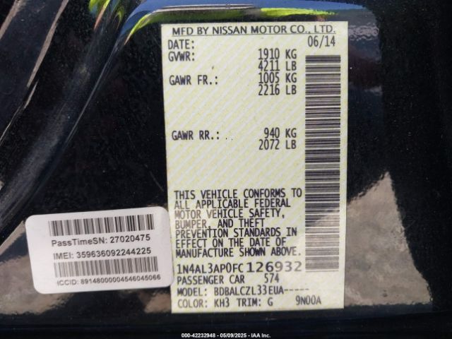 1N4AL3AP0FC126932 Nissan Altima 2.5/2.5 S/2.5 Sl/2.5 Sv