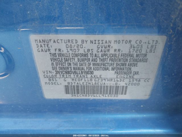 3N1CN8DV6LL915030 Nissan Versa S Xtronic Cvt
