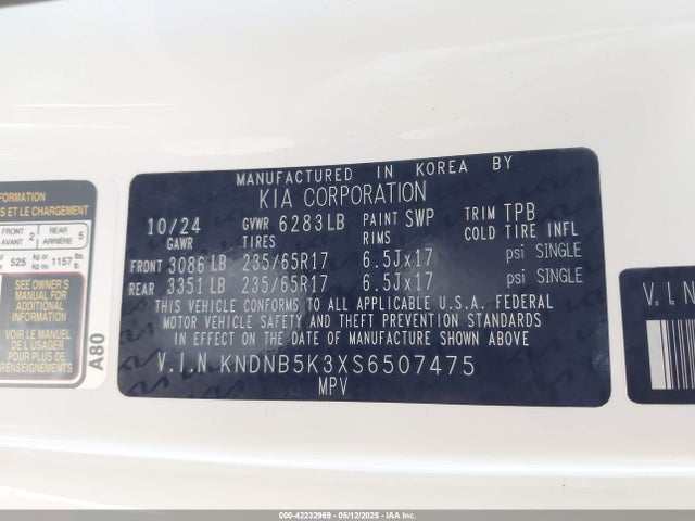 Продажа на аукционе авто 2025 Kia Carnival Mpv Lx, vin: KNDNB5K3XS6507475, номер лота: 42232969