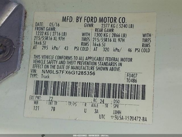 NM0LS7FX6G1285356 Ford Transit Connect Xlt