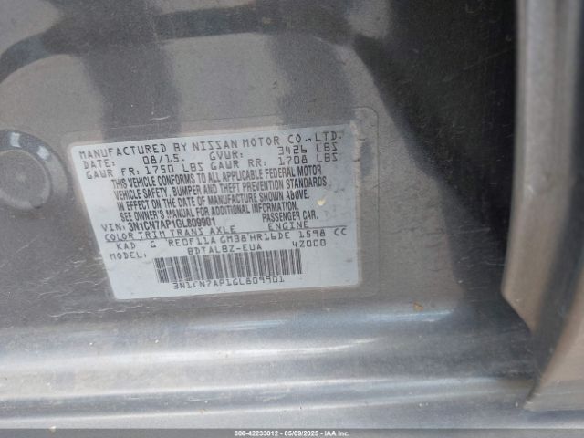 3N1CN7AP1GL809901 Nissan Versa 1.6 S/1.6 S+/1.6 Sl/1.6 Sv