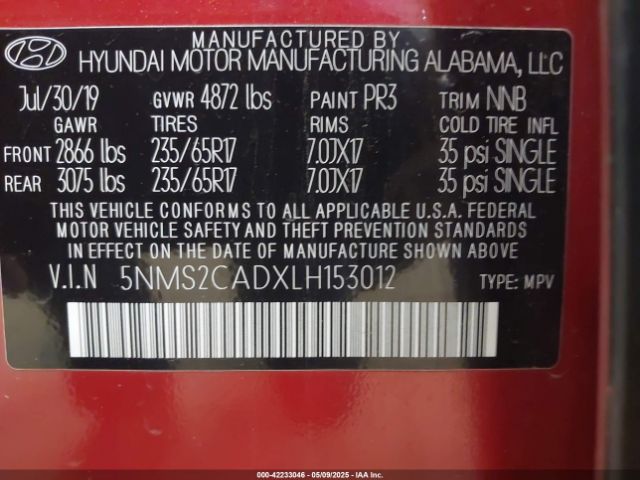 5NMS2CADXLH153012 Hyundai Santa Fe Se
