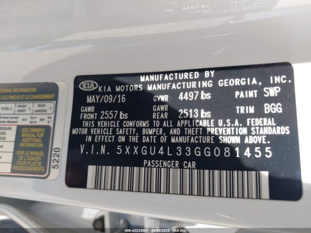 5XXGU4L33GG081455 KIA OPTIMA EX