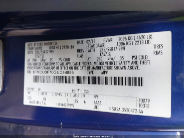 Ford ESCAPE S 2016 1FMCU0F70GUC44056 Image 9