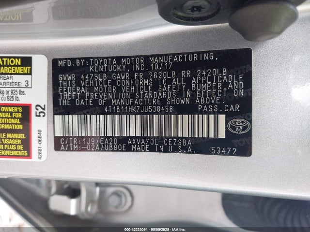 4T1B11HK7JU538458 Toyota CAMRY SE