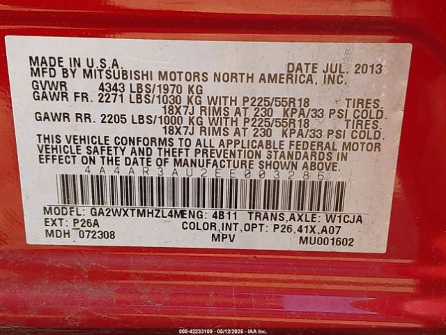 4A4AR3AU2EE003286 Mitsubishi Outlander Sport Es