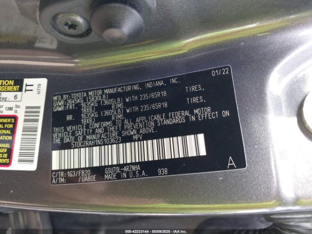 5TDCZRAH1NS103623 Toyota Highlander L