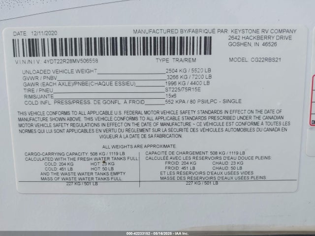 4YDT22R28MV506558 Keystone keystone