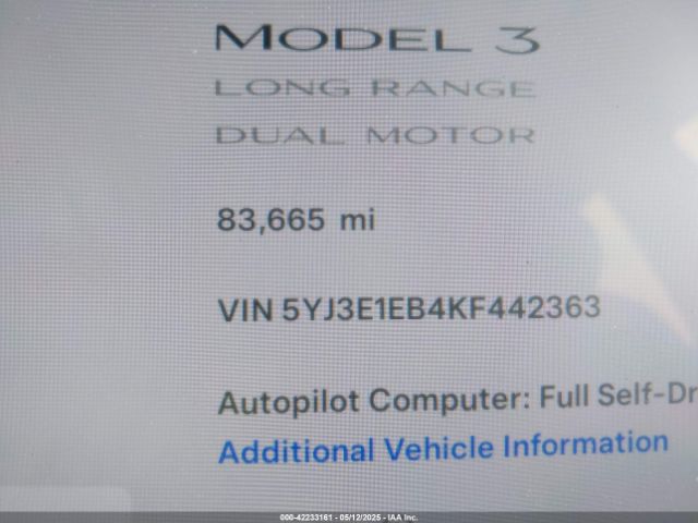 5YJ3E1EB4KF442363 Tesla MODEL 3