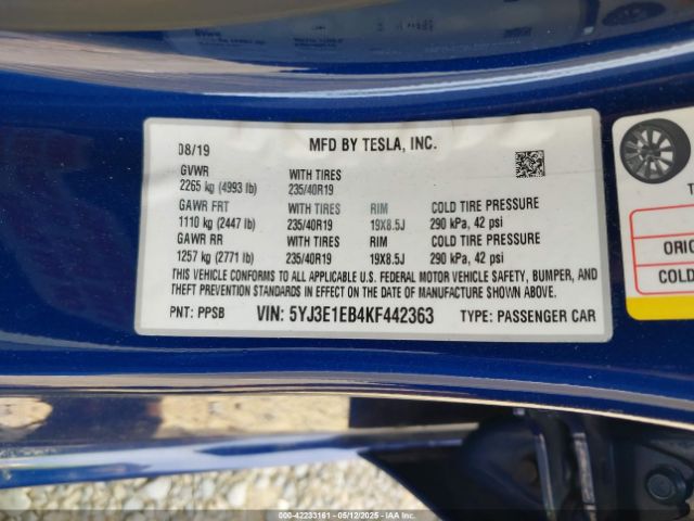 5YJ3E1EB4KF442363 Tesla MODEL 3
