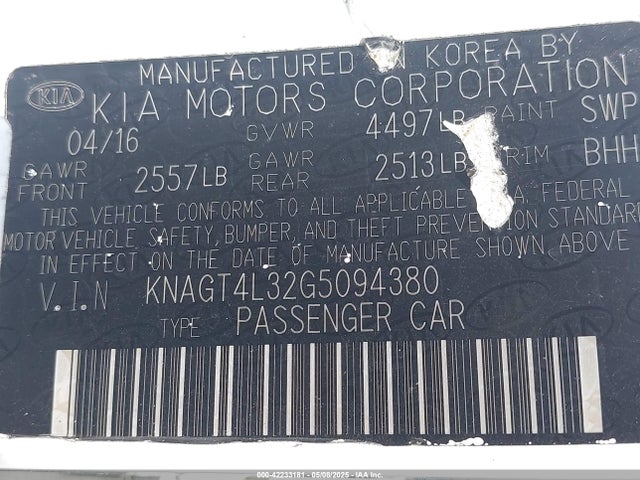 KNAGT4L32G5094380 KIA Optima Lx