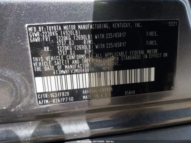 4T3MWRFV3MU048813 Toyota Rav4 Hybrid Le