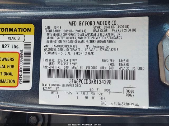 3FA6P0CD3KR134398 Ford FUSION SEL