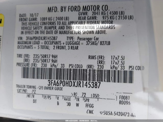 3FA6P0HDXJR145387 Ford FUSION SE