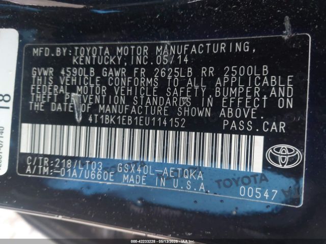 4T1BK1EB1EU114152 Toyota Avalon Xle Touring