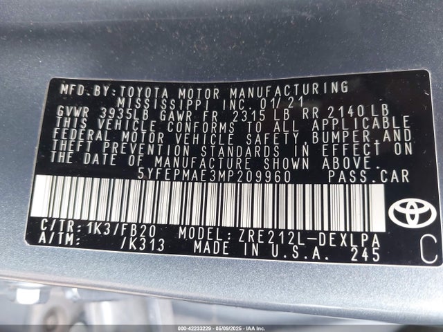 Toyota COROLLA LE 2021 5YFEPMAE3MP209960 Image 9