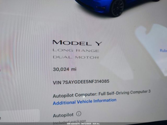 7SAYGDEE5NF314085 Tesla Model Y Long Range Dual Motor All-wheel Drive