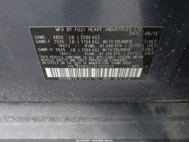 2015 SUBARU OUTBACK 4S4BSELC4F3350918 Photo 8