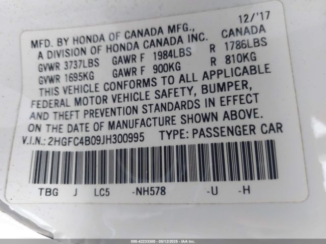 2HGFC4B09JH300995 Honda Civic Lx-p