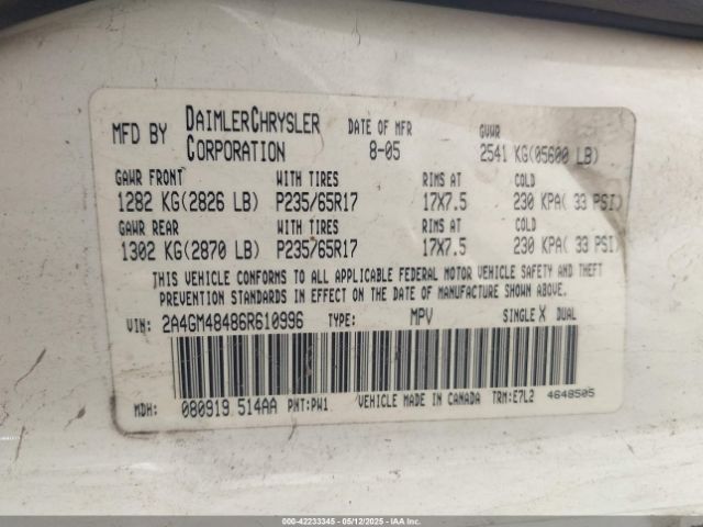 2006 CHRYSLER PACIFICA 2A4GM48486R610996 Photo 8