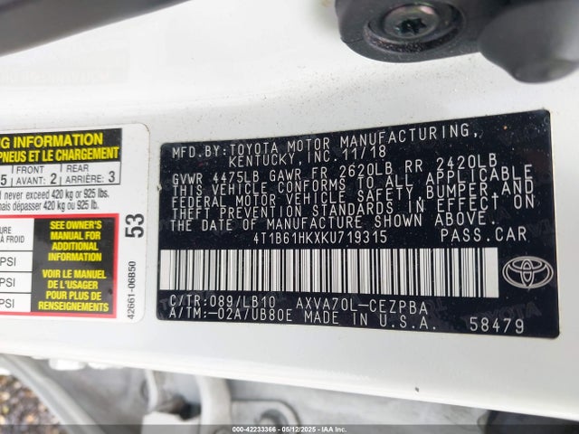 4T1B61HKXKU719315 Toyota CAMRY XSE