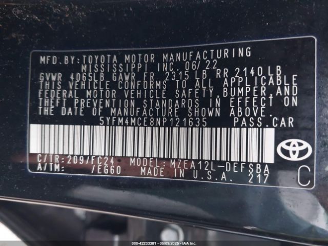 2022 TOYOTA COROLLA 5YFM4MCE8NP121635 Photo 8