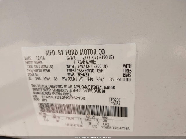 1FM5K7D82HGB62168 Ford 3.5l ti-vct