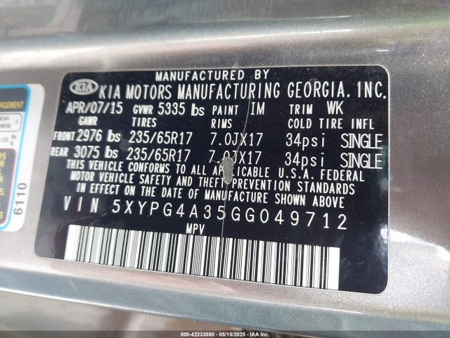 5XYPG4A35GG049712 KIA dohc gdi theta ii