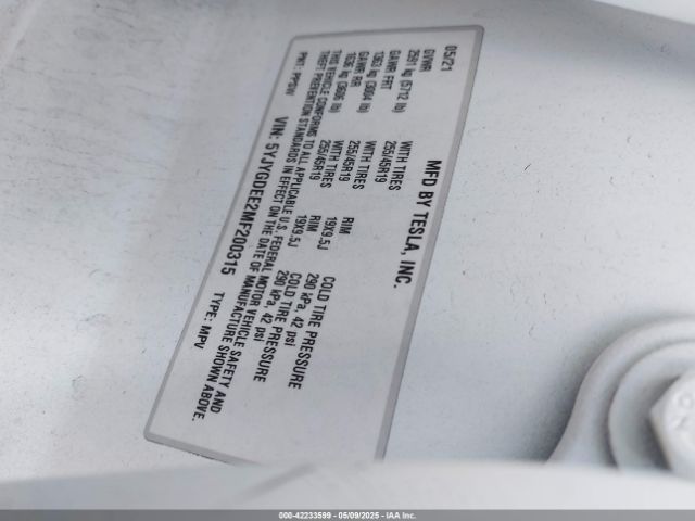 5YJYGDEE2MF200315 Tesla Model Y Long Range Dual Motor All-wheel Drive