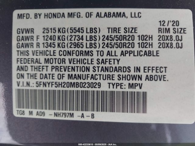 5FNYF5H20MB023029 Honda Pilot 2wd Special Edition