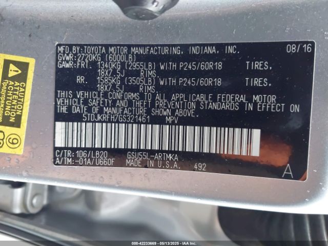 5TDJKRFH7GS321461 Toyota Highlander Xle V6