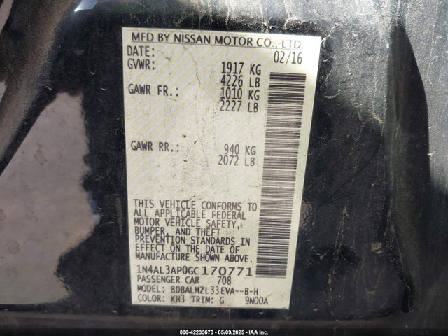 1N4AL3AP0GC170771 Nissan Altima 2.5 Sv