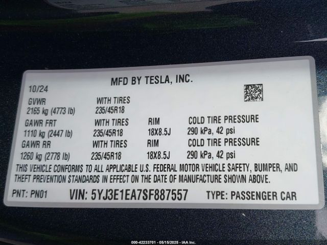 5YJ3E1EA7SF887557 Tesla Model 3 Long Range Rear-wheel Drive
