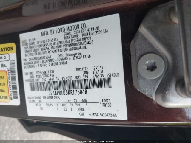 3FA6P0LU5KR175048 Ford Fusion Hybrid Se