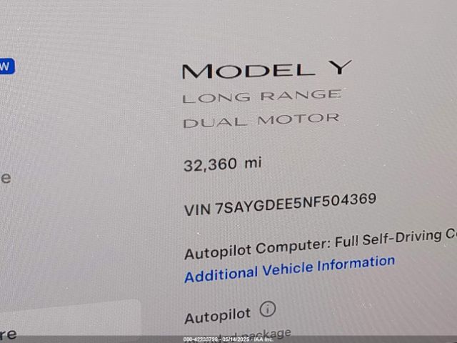 7SAYGDEE5NF504369 Tesla Model Y Long Range Dual Motor All-wheel Drive