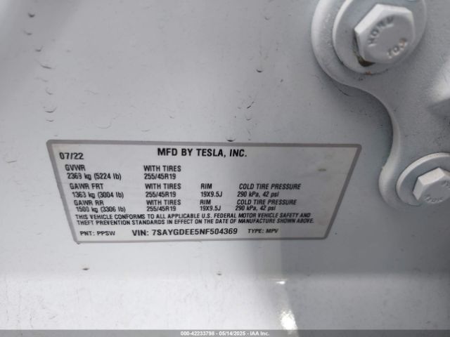 7SAYGDEE5NF504369 Tesla Model Y Long Range Dual Motor All-wheel Drive