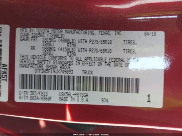 5TFDW5F19JX749093 Toyota Tundra Sr5 5.7l V8