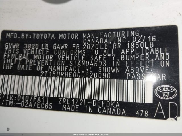 2T1BURHE0GC620090 Toyota COROLLA L