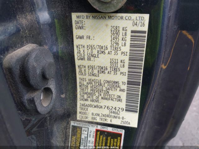 1N6AD0CW8GN762429 Nissan Frontier Sv