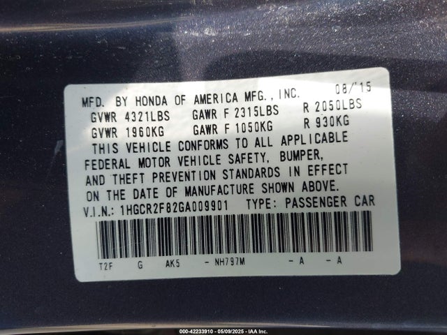 1HGCR2F82GA009901 Honda k24w1