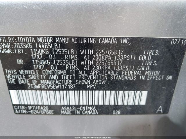 2T3WFREV5EW117187 Toyota Rav4 Xle