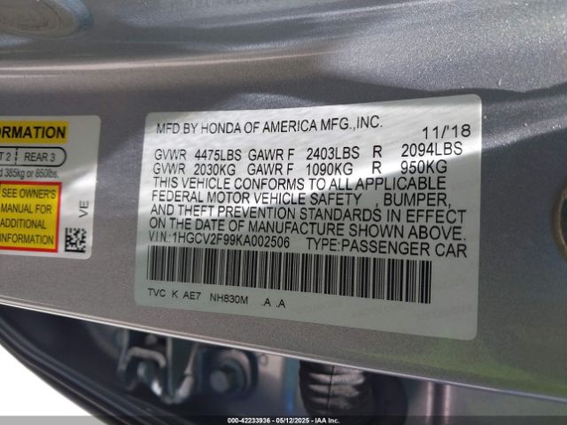 1HGCV2F99KA002506 Honda Accord Touring 2.0t