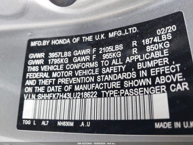 SHHFK7H43LU218622 Honda Civic Sport