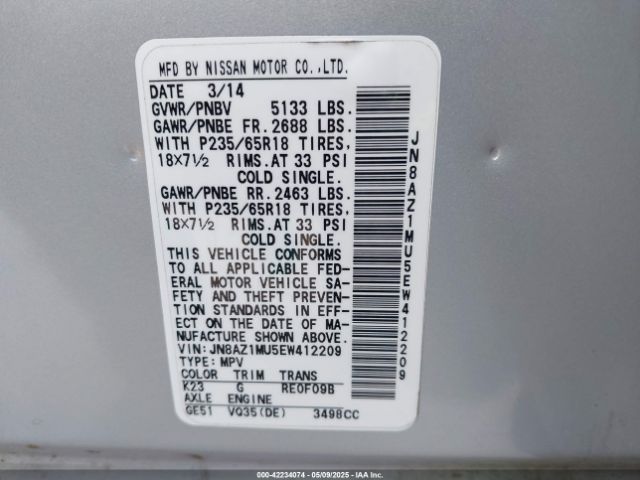 JN8AZ1MU5EW412209 Nissan MURANO SL