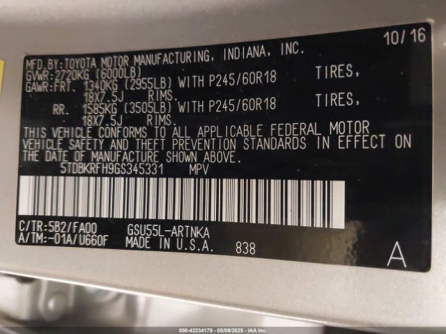 5TDBKRFH9GS345331 Toyota Highlander Le Plus V6