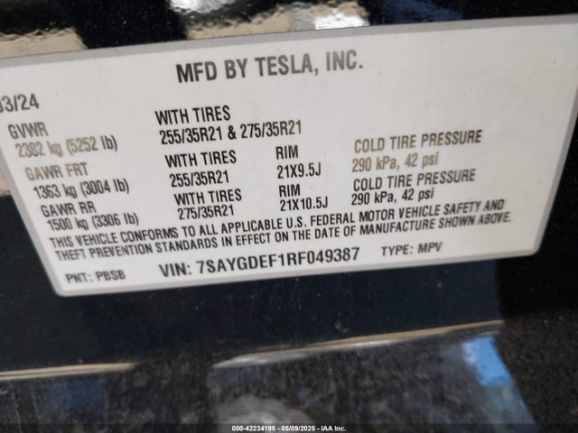 7SAYGDEF1RF049387 Tesla Model Y