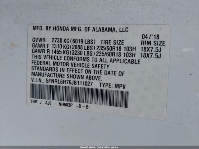 5FNRL6H76JB111027 Honda Odyssey Ex-l