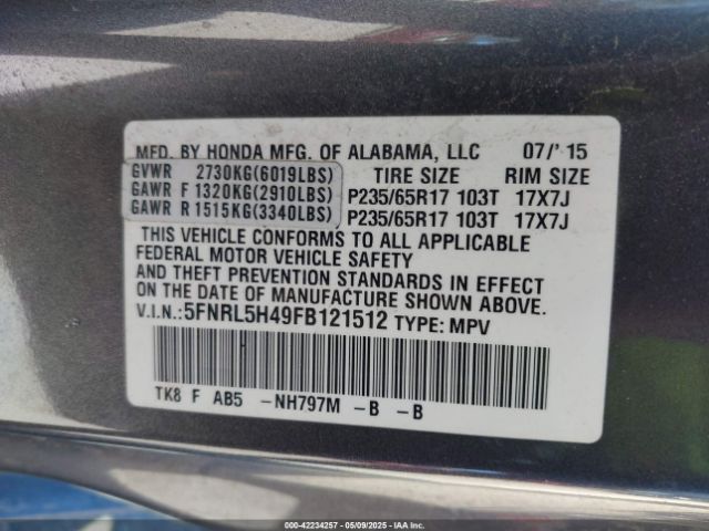 5FNRL5H49FB121512 Honda ODYSSEY EX