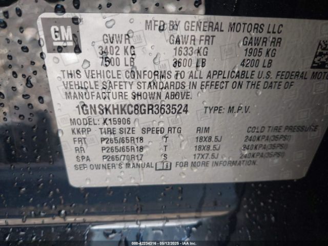 2016 CHEVROLET SUBURBAN 1GNSKHKC8GR363524 Photo 8