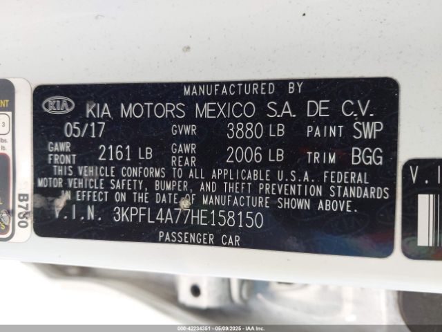 3KPFL4A77HE158150 KIA FORTE LX